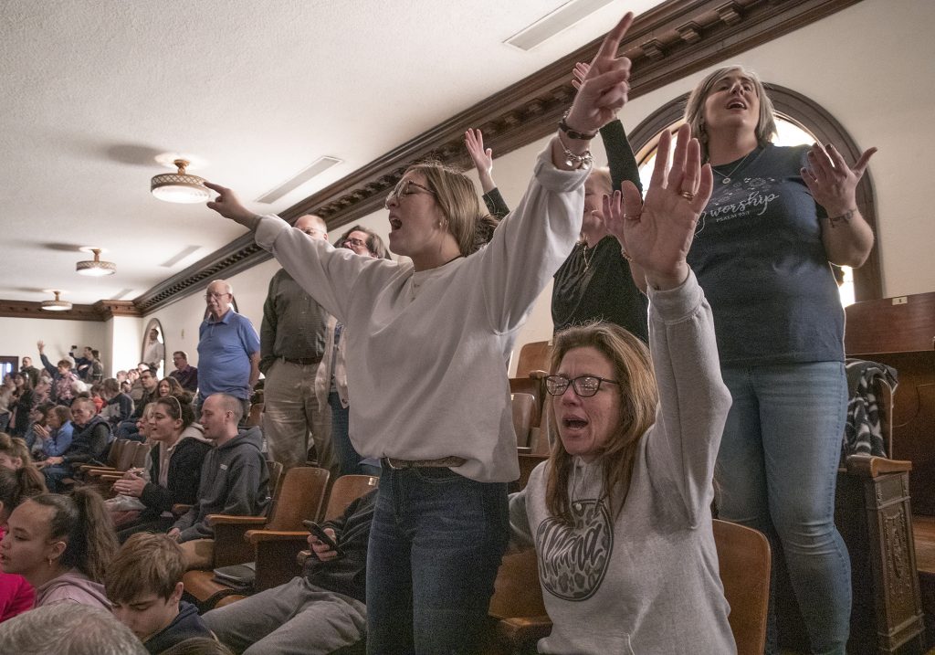 Students worship during the 16-day revival at Asbury University in Wilmore, Ky.