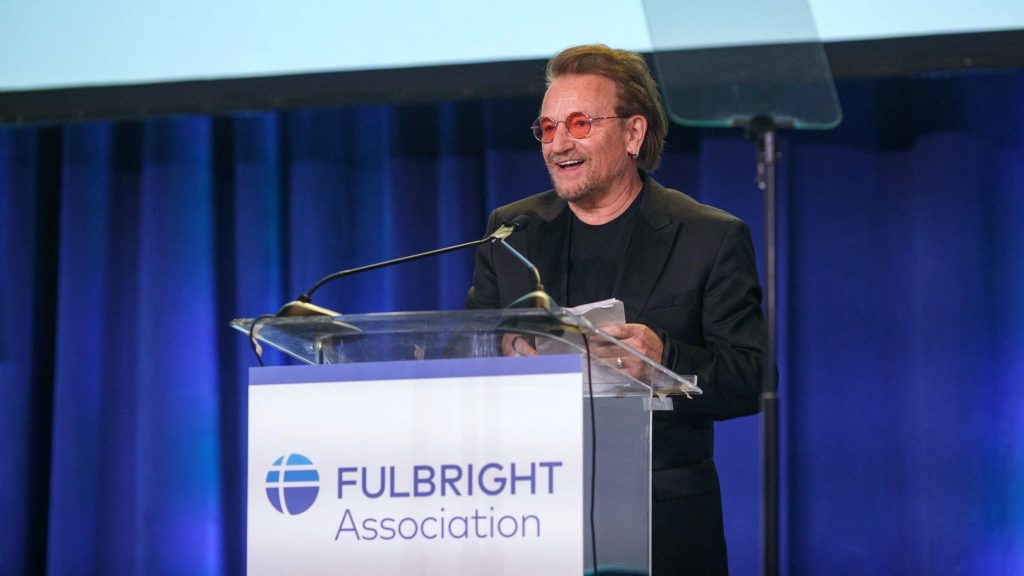 U2 lead singer Bono receives the Fulbright Prize at a ceremony in Washington, D.C.