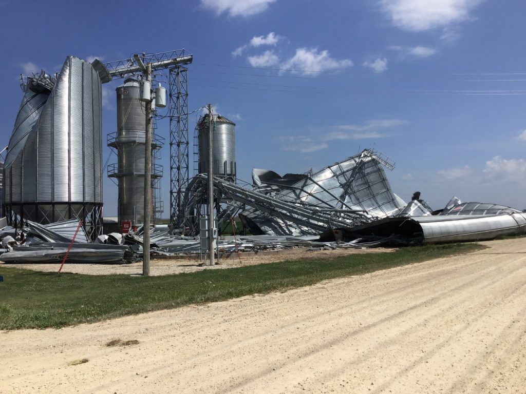 Agricultural storage and processing structures including grain bins, elevators, and dryers in w:Marion, Iowa damaged or destroyed by high winds of the w:August 2020 Midwest derecho.