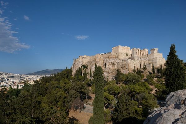 The view of the Acropolis in Athens, Greece, from Mars Hill where Paul delivered his sermon in Acts 17.