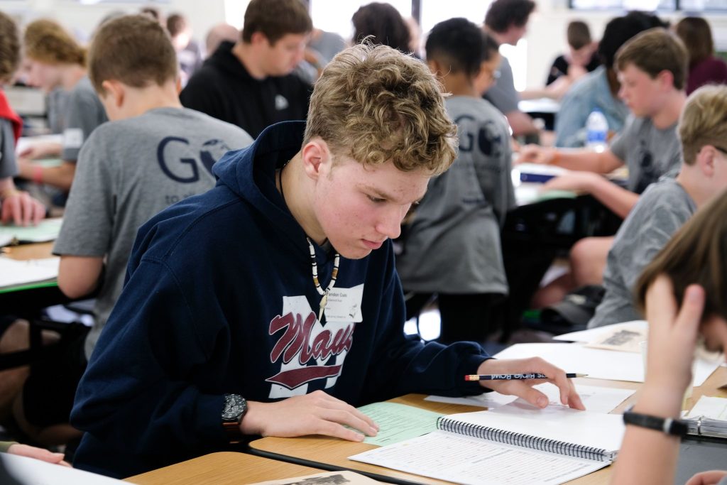 Landon Coats, a student from the McDermott Road Church of Christ in Plano, Texas, takes the Texas Bible Bowl test on April 1. Coats placed fourth in the Junior Experienced Division for grades seventh through ninth.