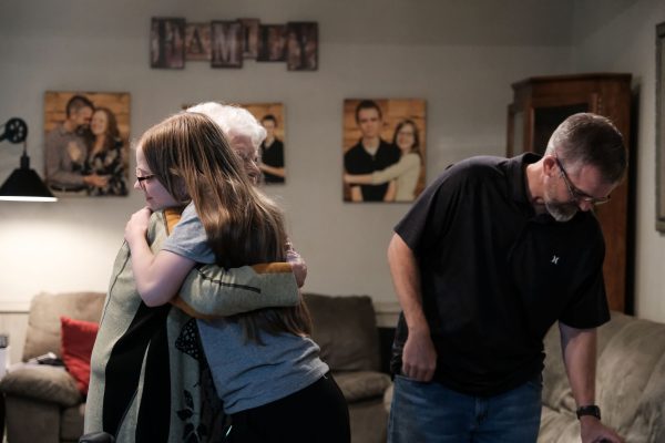 Shirley Porch hugs Sophie Jones during her recent trip to visit Carpenter Place in Wichita, Kan.