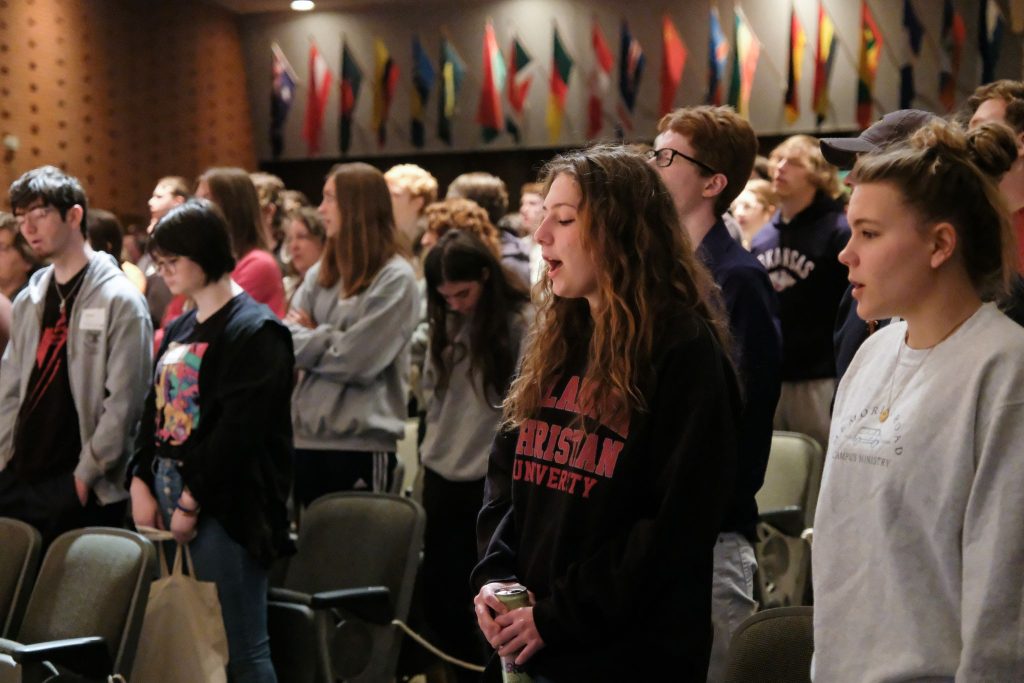 Students sing during a chapel assembly at Oklahoma Christian University in Oklahoma City.