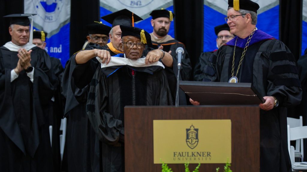 Fred Gray receives an honorary Doctor of Ministry degree at Faulkner University’s spring commencement ceremony in Montgomery, Ala.