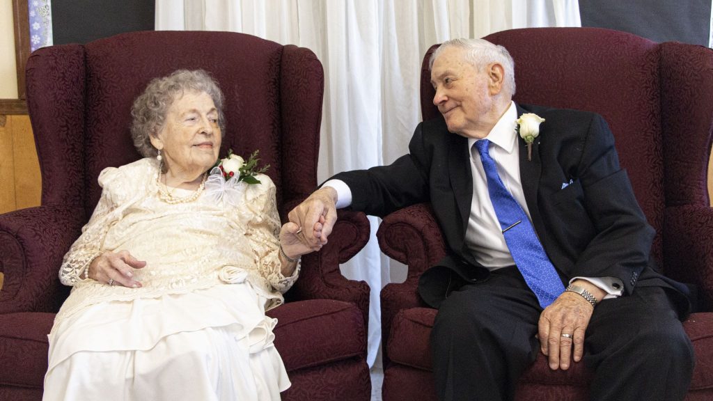 Robert and Wilma Huffaker celebrate their 75th anniversary at the Mt. Zion Church of Christ in Florence, Ala.