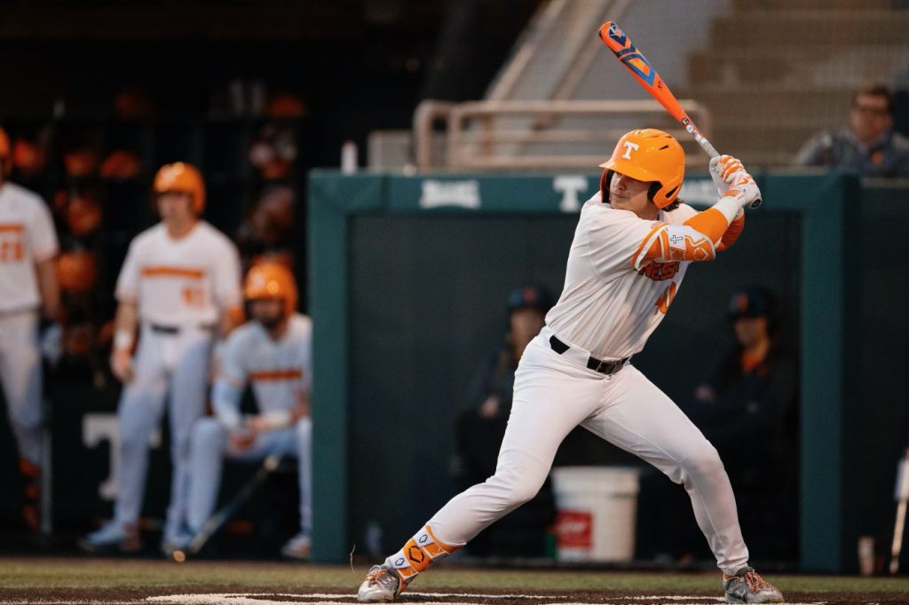 Hunter High gets ready to swing at a pitch Feb. 21 against the ETSU Buccaneers.