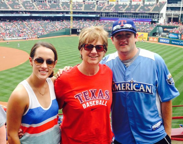 Cheryl Mann Bacon with her son Michael Bacon and daughter Kate Ashby at a Texas Rangers game on Mother's Day.