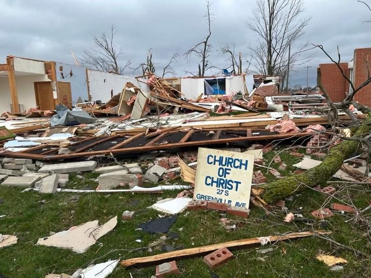 The Winchester Church of Christ building lay in ruin after being hit by an EF3 tornado.