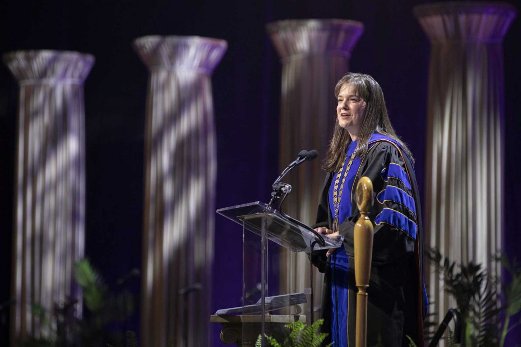 Candice McQueen speaks at her inauguration ceremony at Lipscomb University.