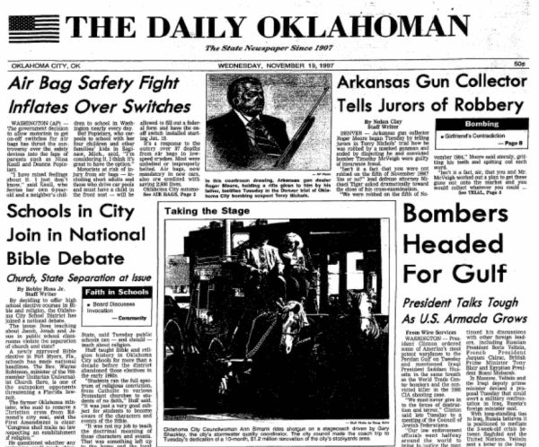 The top of the front page of the Nov. 19, 1997, edition of The Oklahoman.