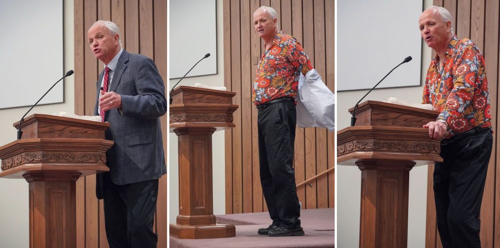 Keith Parker makes a quick wardrobe change before he begins his keynote, showing off the shirt from his first date.