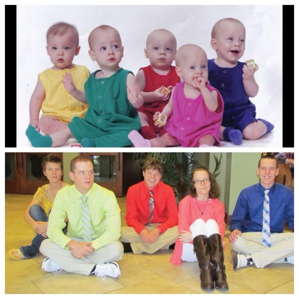 The Taylor quintuplets at ages 1 and 18: Kenedy, Jonah, Jacob, Aleksi and Zachary. The five, now age 27, are the IVF babies of Brent and DeShonna Taylor of Dallas.