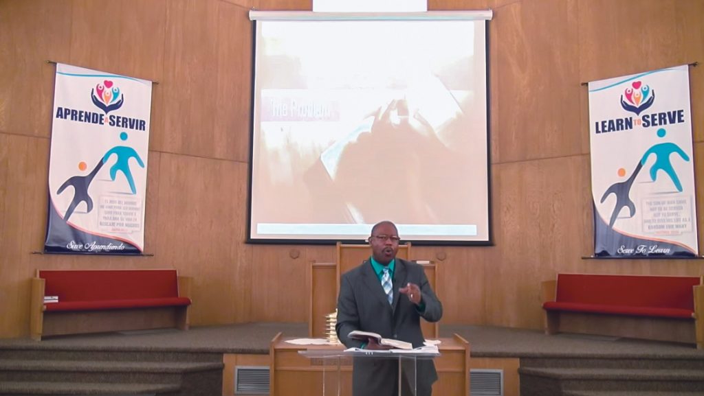 Willie Mays preaches during a livestream service of the Corona Church of Christ.