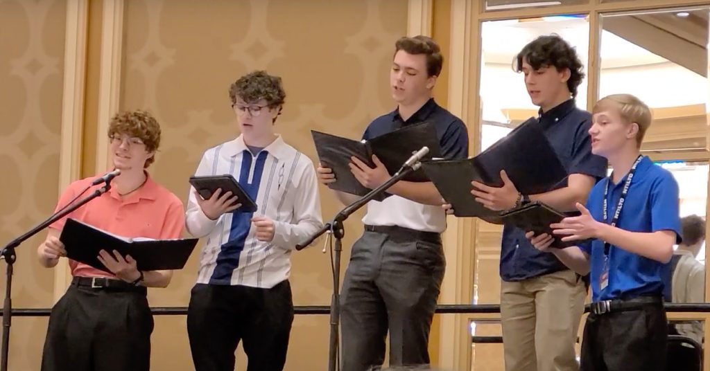 A quintet from the Western Hills Church of Christ in Fort Worth, Texas, and the University Church of Christ in Canyon, Texas, sings during the 2024 North Texas Leadership Training for Christ conference in Dallas.