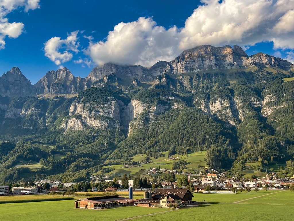 The Swiss Alps provide a majestic backdrop for a farm near the municipality of Walenstadt in eastern Switzerland — close to the country’s border with Liechtenstein.