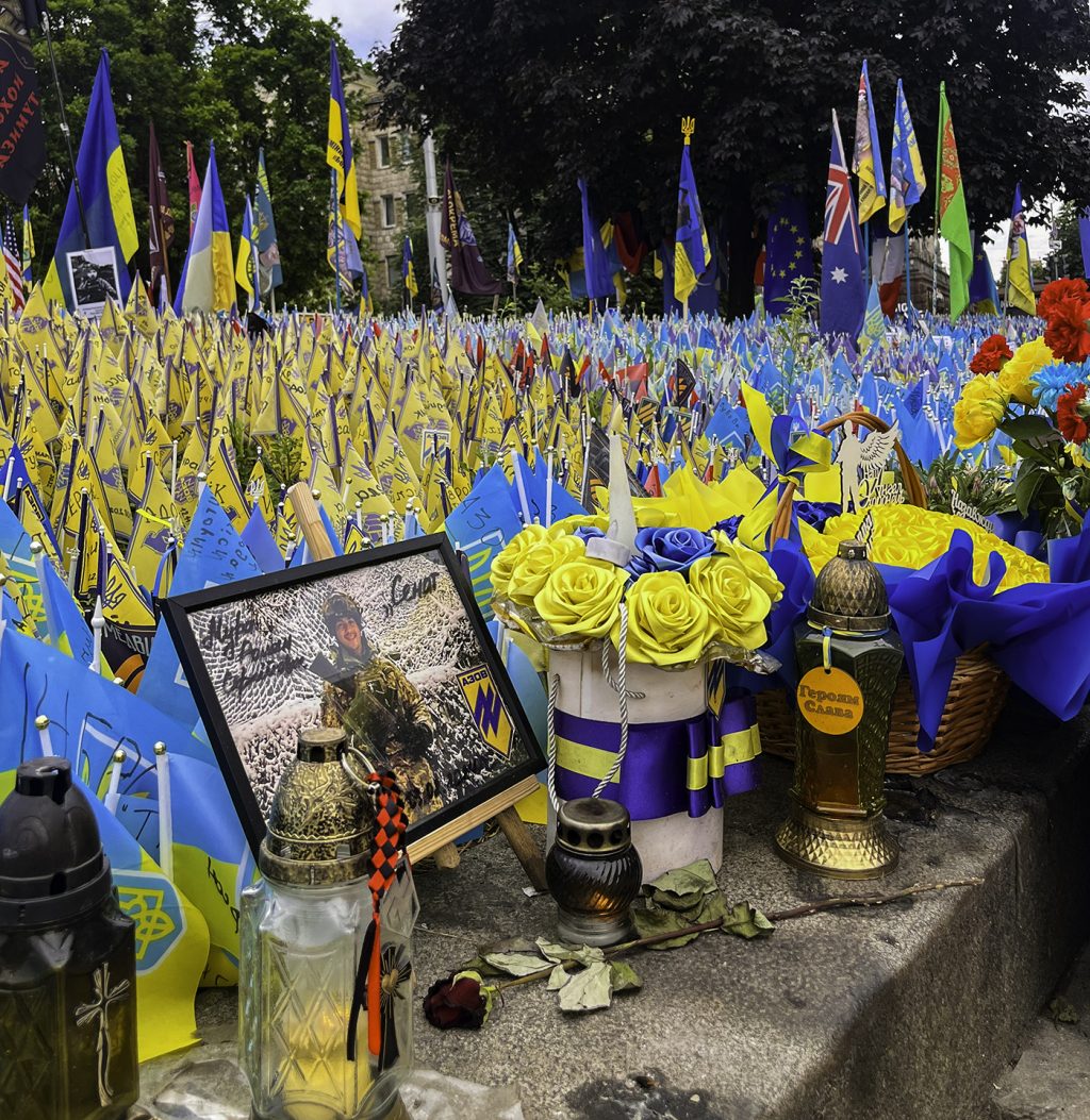 Ukranian flags line Kyiv’s Maidan Nezalezhnosti (Independence Square), each honoring a Ukrainian who lost their life in the war with Russia.